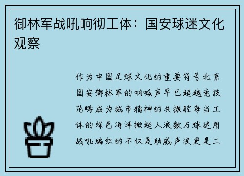 御林军战吼响彻工体：国安球迷文化观察