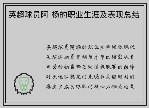 英超球员阿 杨的职业生涯及表现总结