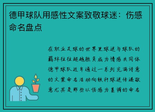 德甲球队用感性文案致敬球迷：伤感命名盘点