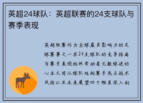 英超24球队：英超联赛的24支球队与赛季表现